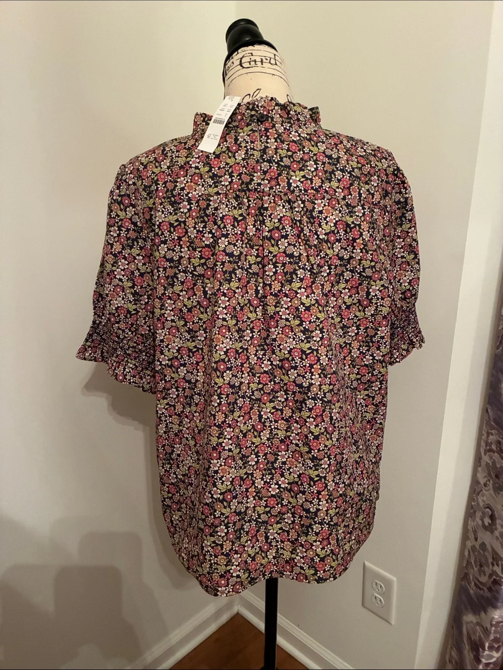 J. Crew Navy Floral Ruffle Collar Puff Sleeve Blouse